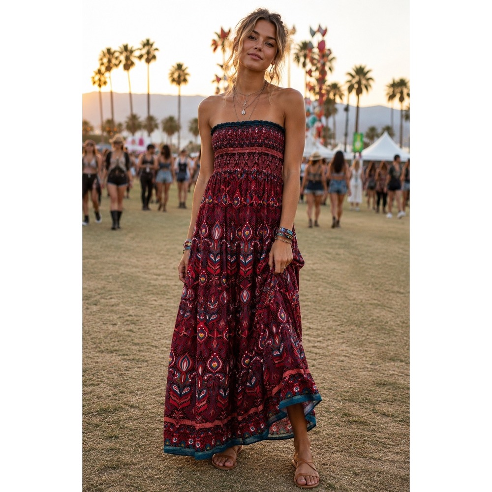 Angie Dress Womens Small Red Paisley Strapless Smocked Maxi Sundress Boho